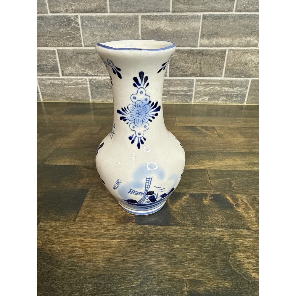 Delfts Blauw Handpainted Holland Bud Vase Blue White Windmill Floral 5"